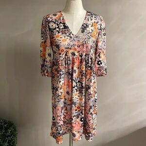 Women’s oversized FLORAL  empire gather waist mini dress half sleeve stretch Sm